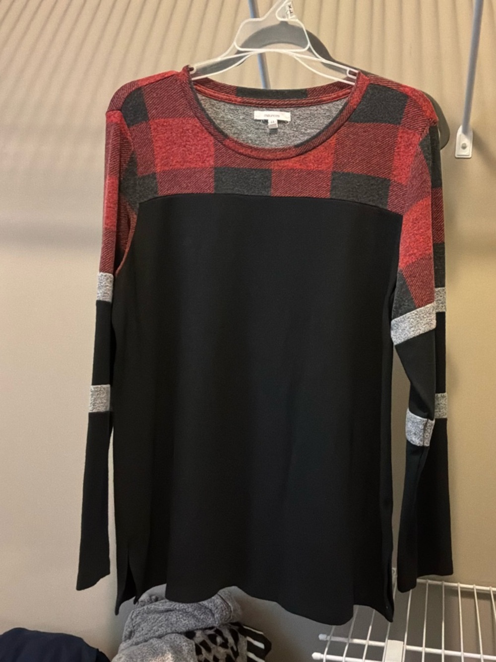 Maurices Black Top with Red Buffalo Plaid Yoke and Gray Accents